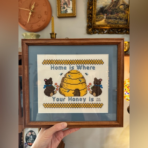 Other - Vintage Cottage Core Honey, Teddy Bear Wooden Framed Cross Stitch